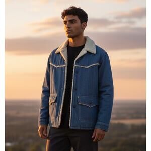 VTG 70s Sears Denim Sherpa Lined Chore Coat Mens Size 42R Western Rugged Trucker